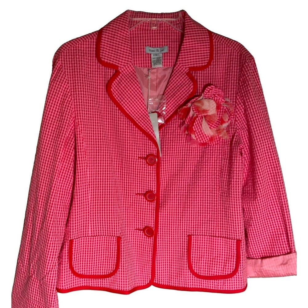 Mac & Jac Womens Blazer 12 Pink Gingham Floral Brooch Preppy Y2K Lightweight